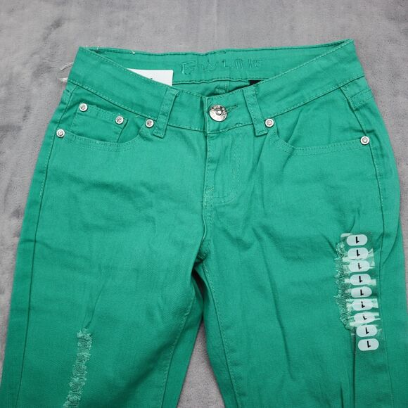 E Line Pants Womens 1 Green Skinny Low Rise Button Distress Pocket Stretch Jeans - Picture 12 of 16